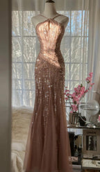 Elegant Blush Pink Spaghetti Strap Mermaid Tulle Sequin Long Prom Dress Beaded Graduation Prom Adult Ceremony Dress
