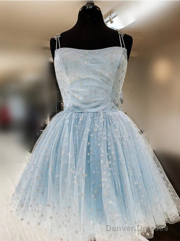 Elegant Spaghetti Straps A-Line Tulle Light Blue Homecoming Dresses, Main image