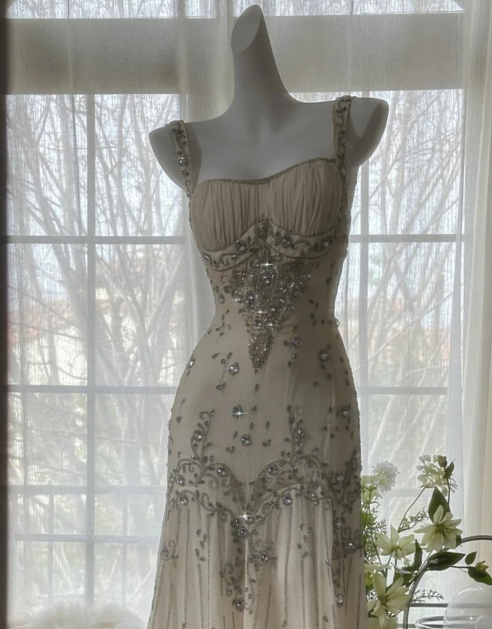 Elegant Spaghetti Straps Apricot Beaded Chiffon Mermaid Gowns Vintage Backless Prom Dress Secondary image
