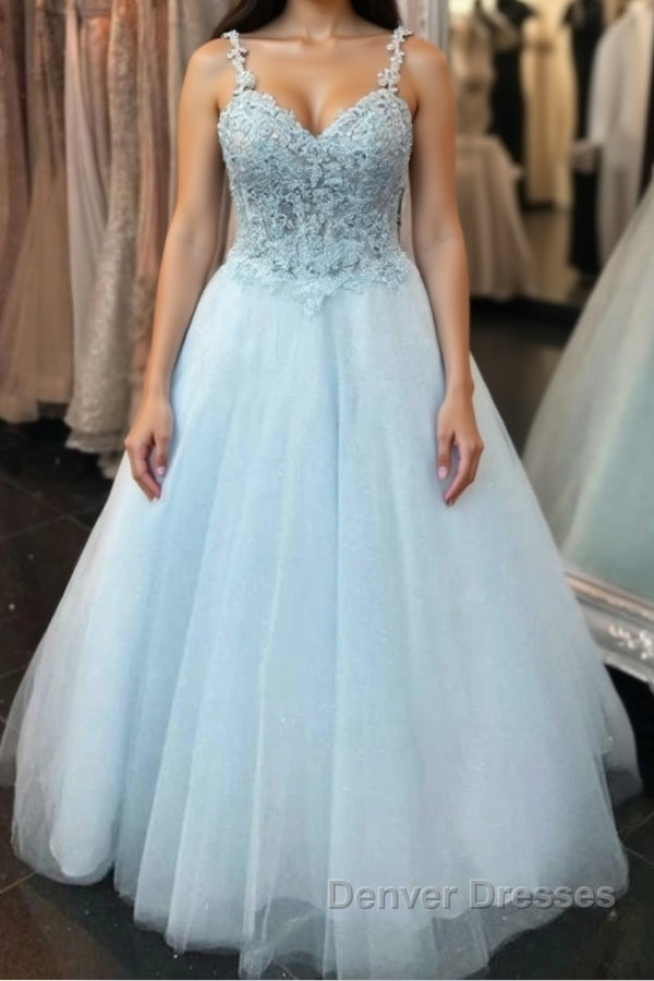 Elegant Spaghetti Straps Backless Long Blue Lace Prom Dress, Backless Blue Lace Formal Graduation Evening Dress Main image