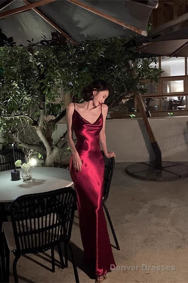 Elegant Spaghetti Straps Burgundy Satin Long Prom Dress Evening Dress Main image