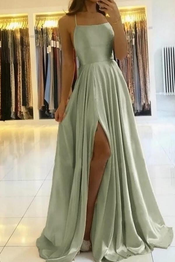 Elegant Spaghetti-Straps Long Prom Dress With Split Main image