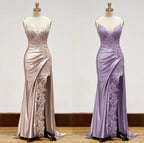Elegant Black Spaghetti Straps Evening Dress Satin Sheath Long Prom Dress With Slits