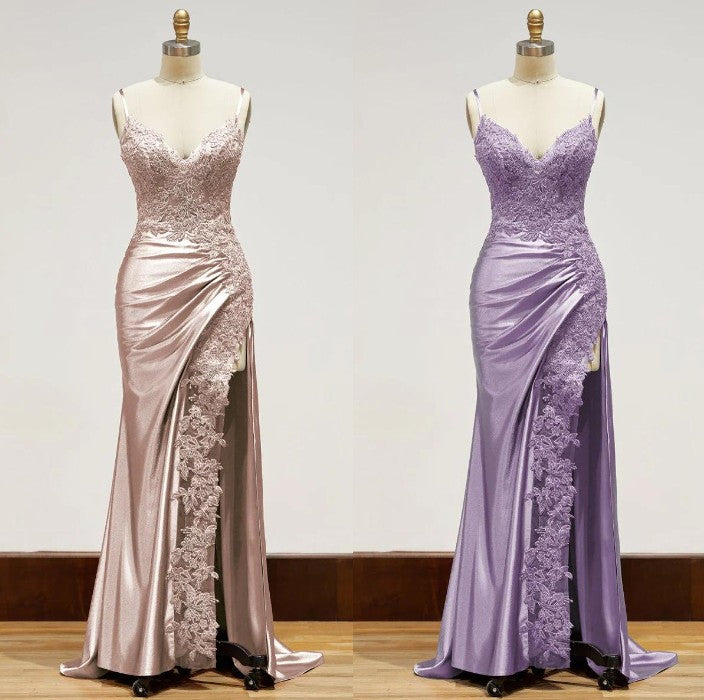 Elegant Black Spaghetti Straps Evening Dress Satin Sheath Long Prom Dress With Slits