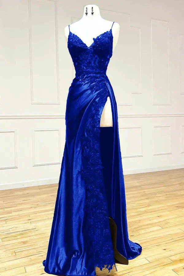 Elegant Black Spaghetti Straps Evening Dress Satin Sheath Long Prom Dress With Slits