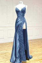 Elegant Black Spaghetti Straps Evening Dress Satin Sheath Long Prom Dress With Slits