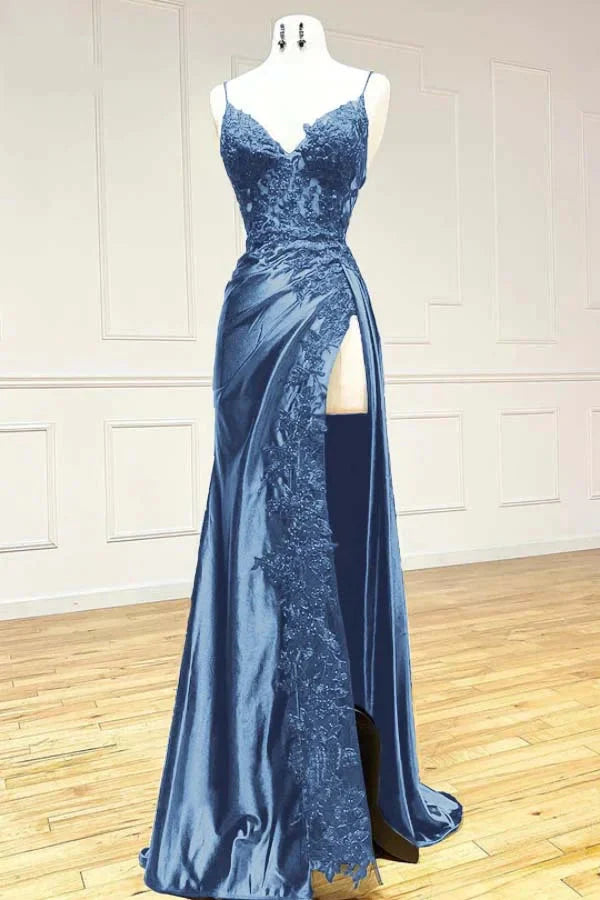 Elegant Black Spaghetti Straps Evening Dress Satin Sheath Long Prom Dress With Slits