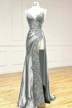 Elegant Black Spaghetti Straps Evening Dress Satin Sheath Long Prom Dress With Slits
