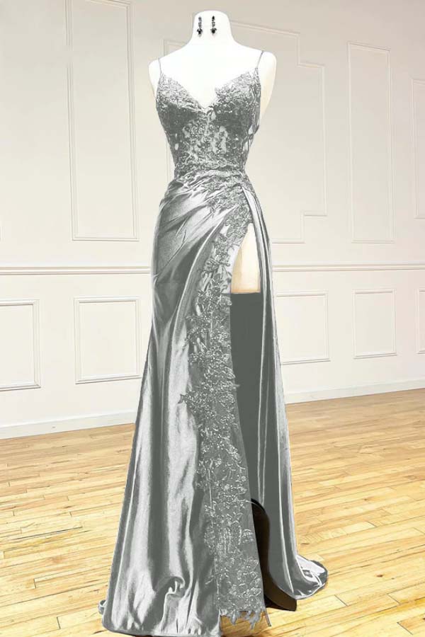 Elegant Black Spaghetti Straps Evening Dress Satin Sheath Long Prom Dress With Slits