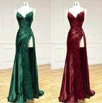 Elegant Black Spaghetti Straps Evening Dress Satin Sheath Long Prom Dress With Slits