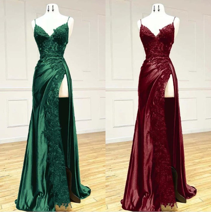 Elegant Black Spaghetti Straps Evening Dress Satin Sheath Long Prom Dress With Slits