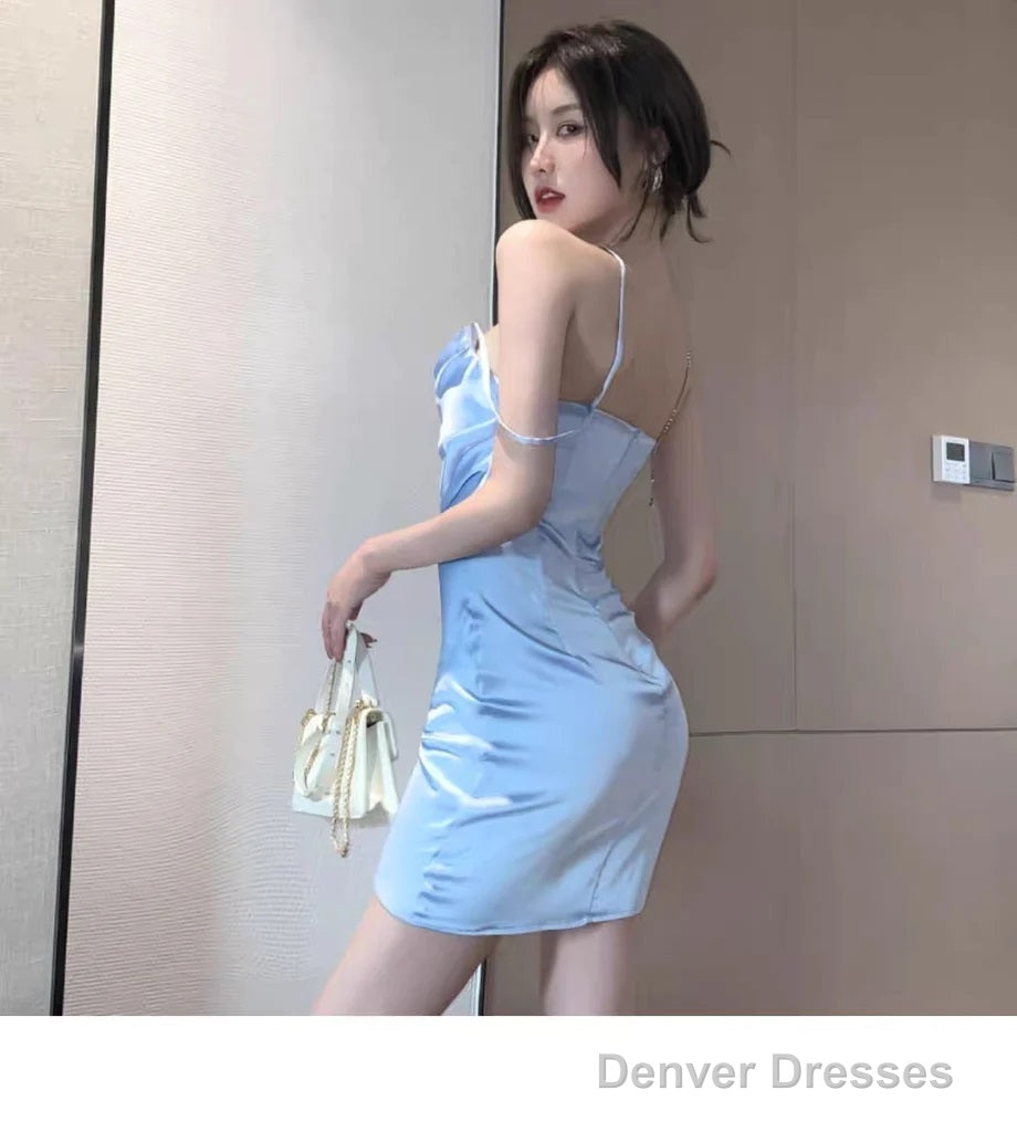 Elegant Spaghetti Straps Straight Neck Mermaid Short Blue Homecoming Dresses Online,