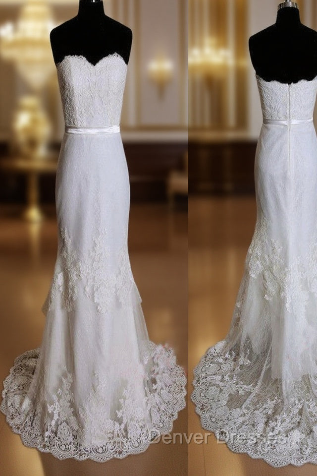 Elegant Special Column Strapless Lace Sweetheart Neckline Layered Skirt Sweep Trailing Wedding Dress, Main image