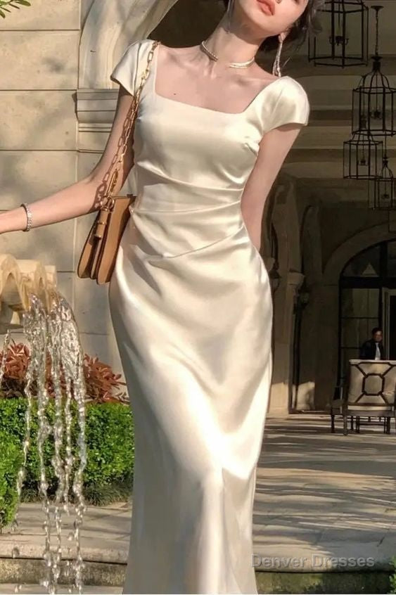 Elegant Square Neck Long Party Dress Beige Satin Mermiad Prom Evening Dress Main image