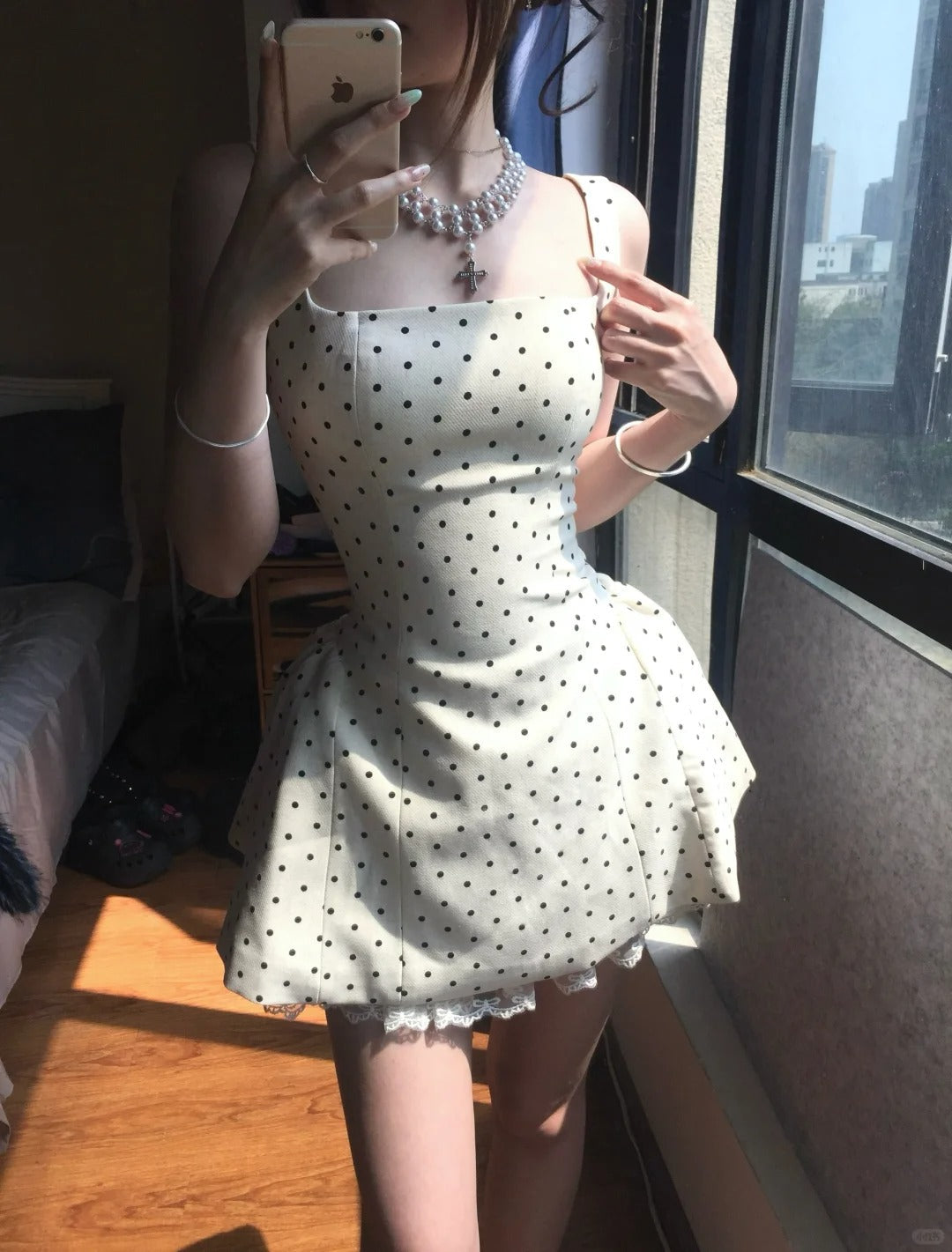 Elegant Square Neck Polka Dot Straps Back Tie Mini Homecoming Dress Main image