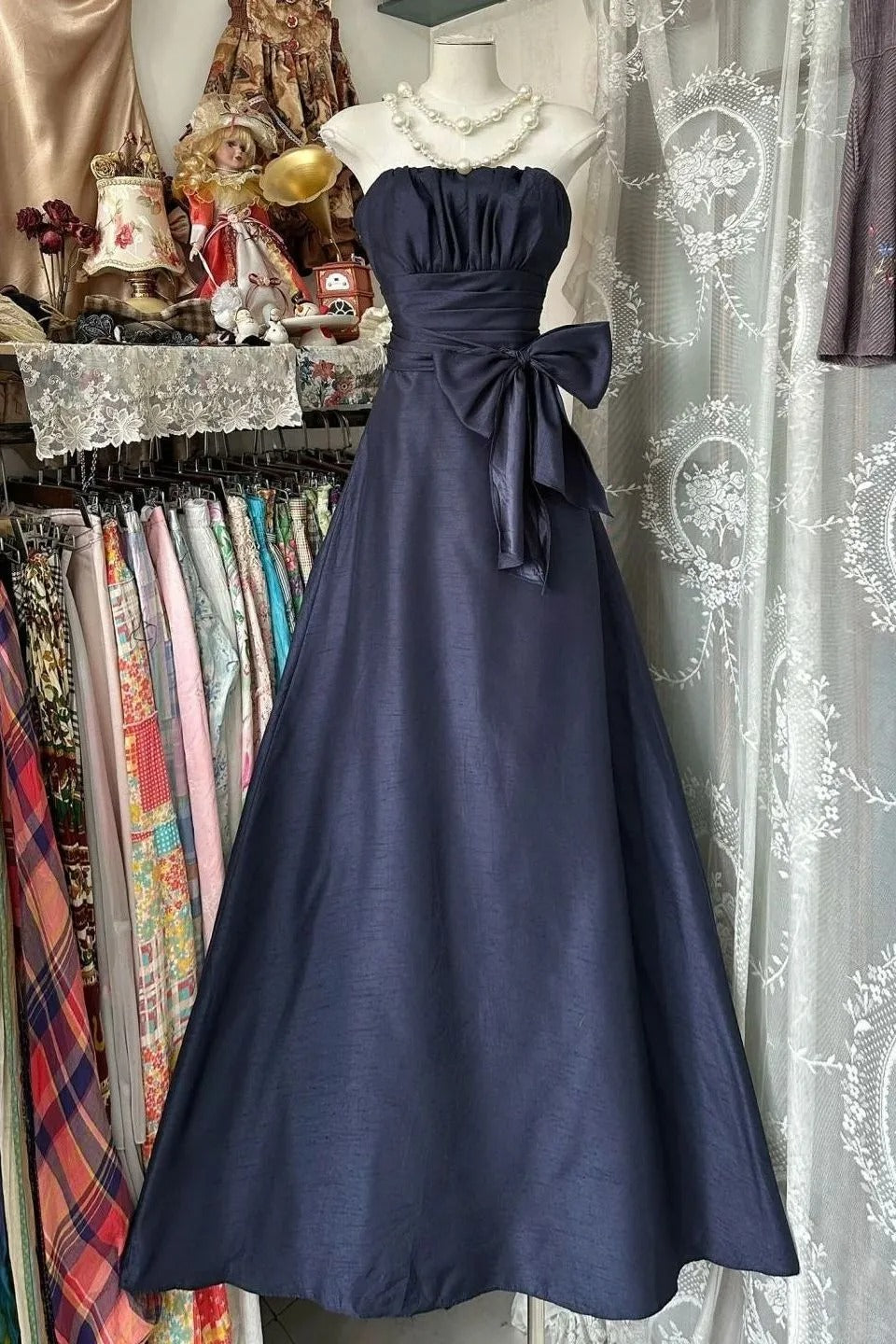 Elegant Strapless Blue Bow Sleeveless A-Line Prom Dress
