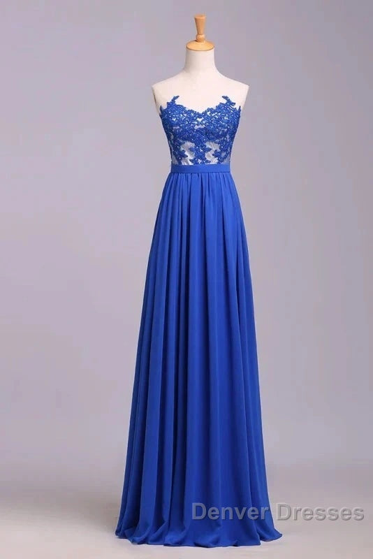 Elegant Strapless Chiffon Evening Lace Appliques Long Prom Dress Royal Blue