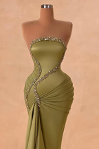 Elegant Strapless Silver Beaded Mermaid Olive Green Satin Floor Length Prom Dresses