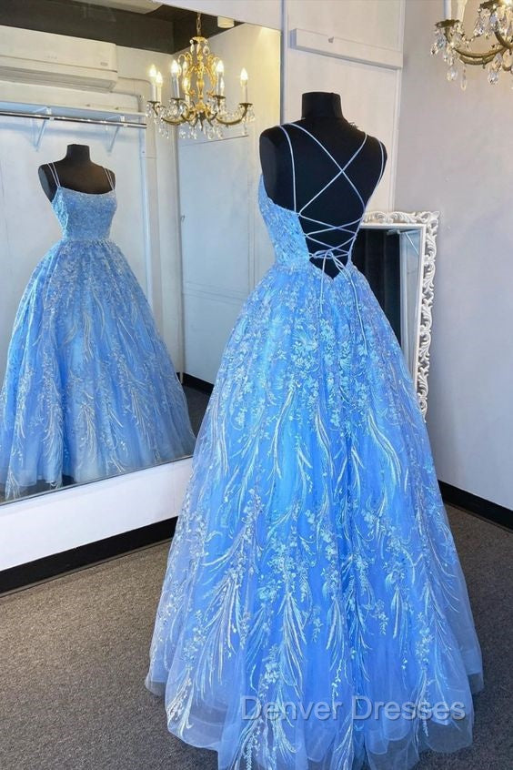 Elegant Straps Blue Appliqued Formal Dress Prom Dress, Evening Dress