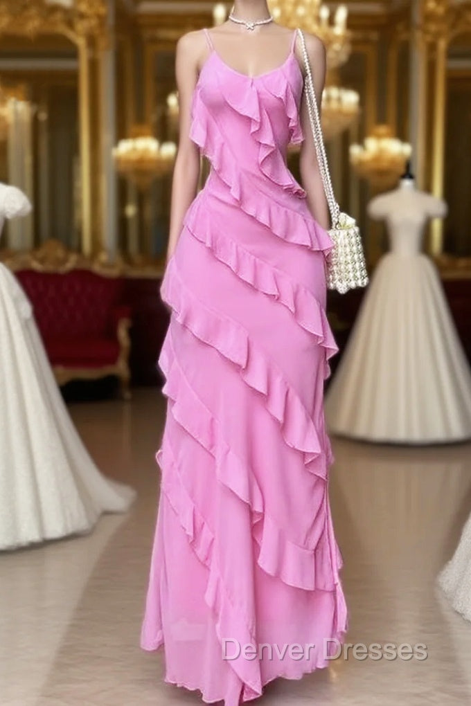 Elegant Straps Sheath Chiffon Formal Prom Dress Pink Ruffles Long Party Dress Main image