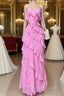 Elegant Straps Sheath Chiffon Formal Prom Dress Pink Ruffles Long Party Dress