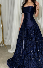Elegant Straps Sheath Midnight Blue Long Prom Dress Satin Midnight Blue Evening Gowns