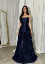 Elegant Straps Sheath Midnight Blue Long Prom Dress Satin Midnight Blue Evening Gowns