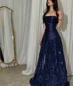 Elegant Straps Sheath Midnight Blue Long Prom Dress Satin Midnight Blue Evening Gowns