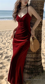 Elegant Sweetheart Spaghetti Straps Long Evening Dress Velvet Prom Dress