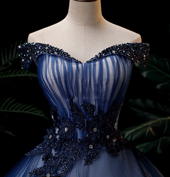 Elegant Teal Blue Off-The-Shoulder Embroidered Tulle Ball Gown Evening Dress Sweet 16 Dress Secondary image