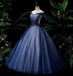Elegant Teal Blue Off-The-Shoulder Embroidered Tulle Ball Gown Evening Dress Sweet 16 Dress