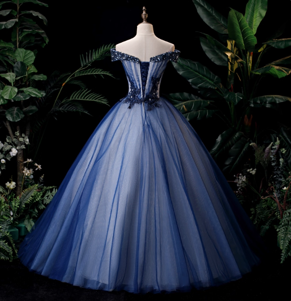 Elegant Teal Blue Off-The-Shoulder Embroidered Tulle Ball Gown Evening Dress Sweet 16 Dress