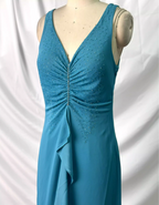 Elegant Teal Blue V-Neck Ruffled Beaded Chiffon Long Prom Dress Evening Dress