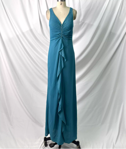 Elegant Teal Blue V-Neck Ruffled Beaded Chiffon Long Prom Dress Evening Dress Main image