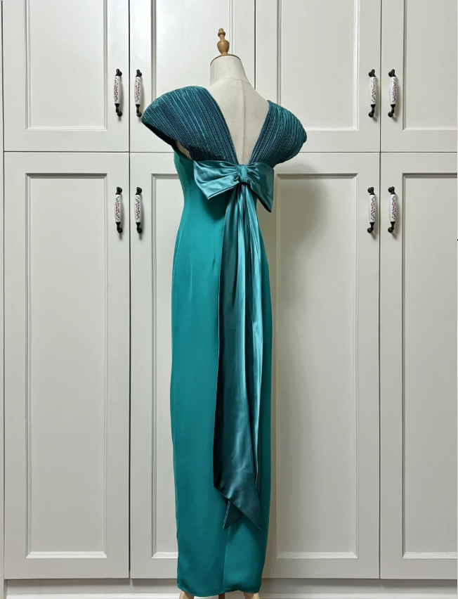 Elegant Teal Bow Fitted Satin Long Prom Dress Evening Dress Secondary image