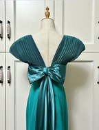 Elegant Teal Bow Fitted Satin Long Prom Dress Evening Dress