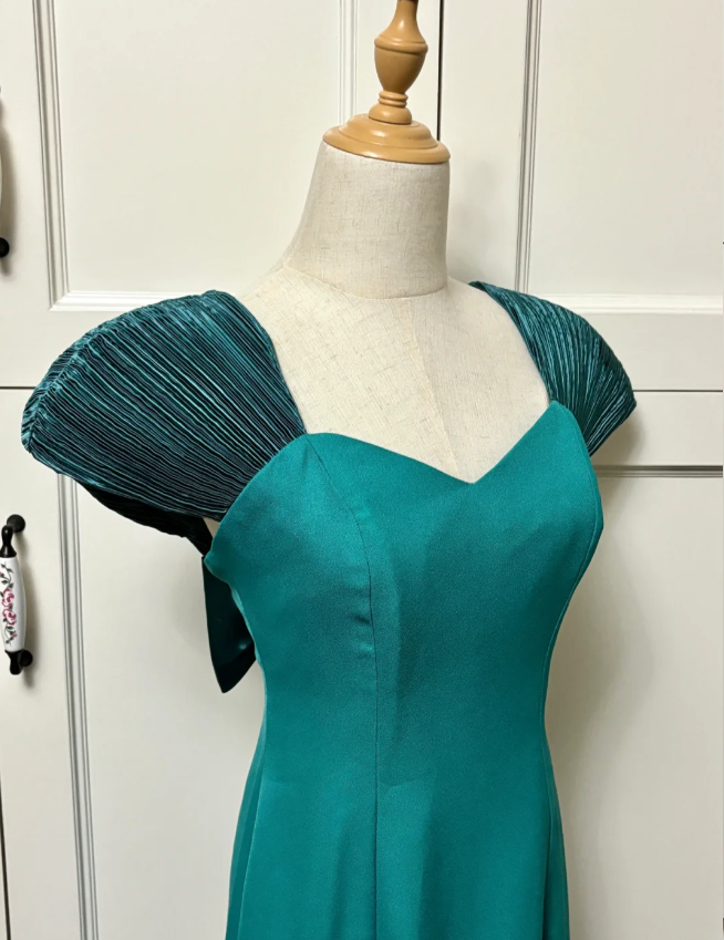 Elegant Teal Bow Fitted Satin Long Prom Dress Evening Dress