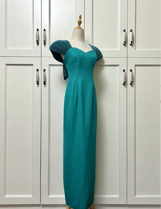 Elegant Teal Bow Fitted Satin Long Prom Dress Evening Dress