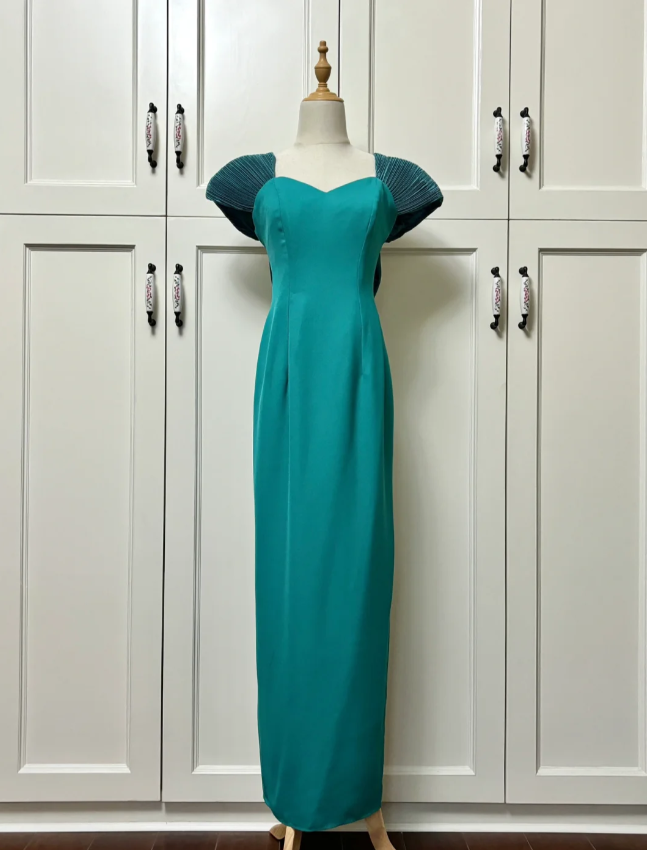 Elegant Teal Bow Fitted Satin Long Prom Dress Evening Dress
