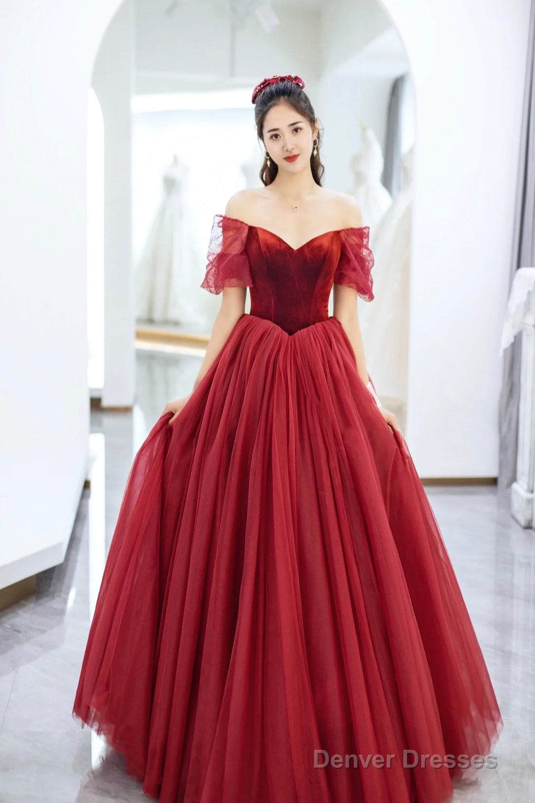 Elegant Tulle And Velvet Long Prom Dress, Off The Shoulder A-Line Evening Party Dress Main image