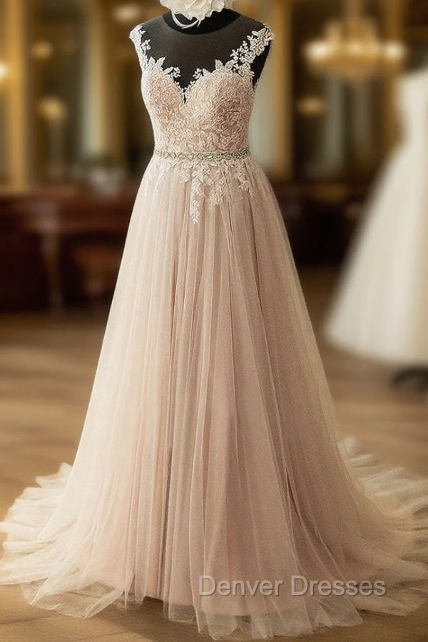 Elegant Tulle Lace Long Prom Dress, A-Line Scoop Neckline Evening Dress