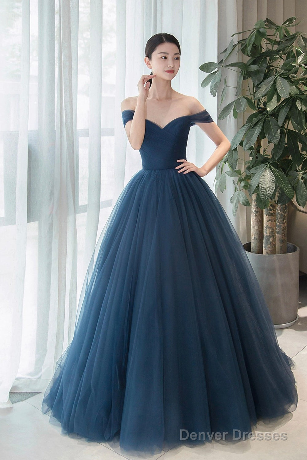 Elegant Tulle Long A-Line Prom Dress, Blue Off The Shoulder Evening Dress Main image