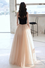 Elegant Tulle Long A-Line Prom Dress, Champagne Scoop Neckline Evening Dress