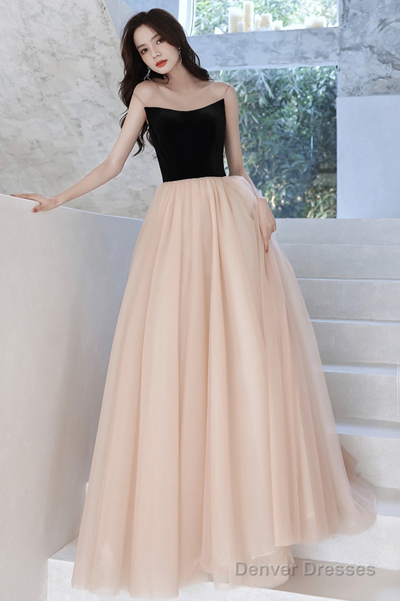 Elegant Tulle Long A-Line Prom Dress, Champagne Scoop Neckline Evening Dress Main image
