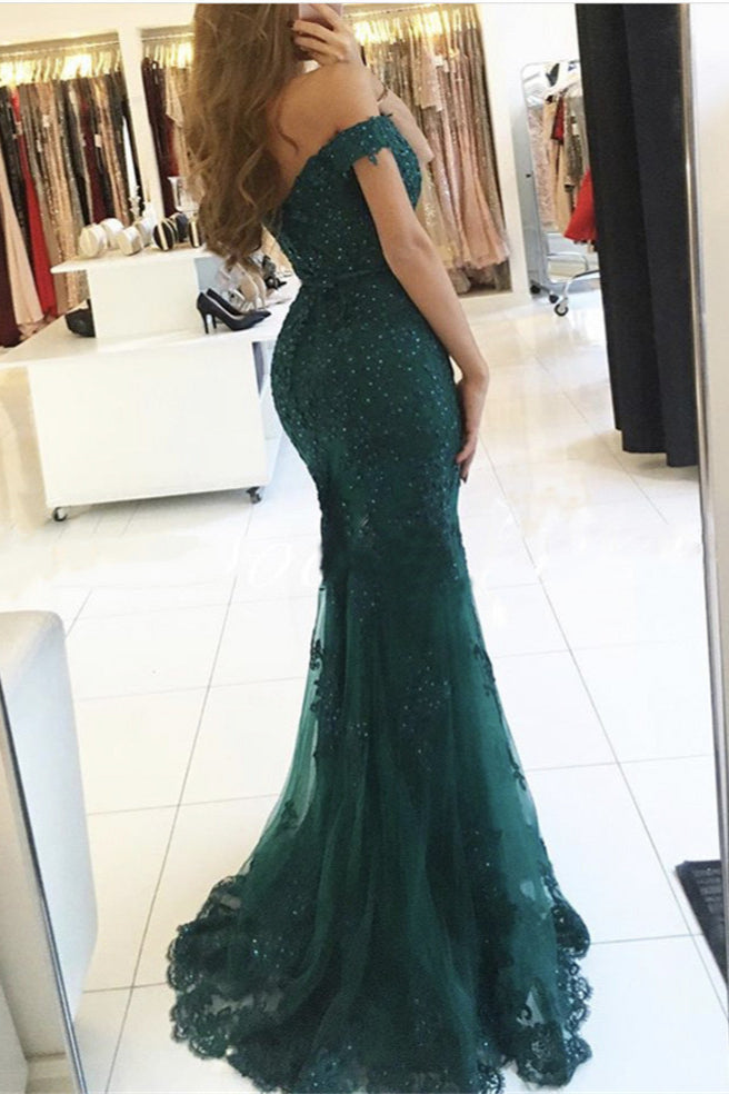 Elegant Tulle Off-The-Shoulder Green Mermaid Evening Dress Sequins Lace Long
