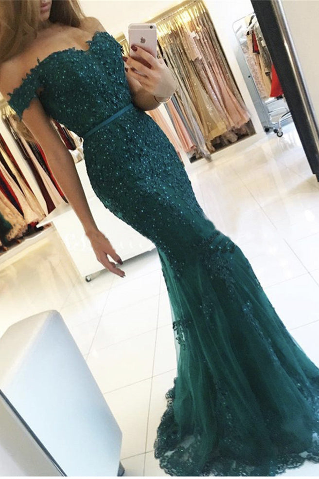 Elegant Tulle Off-The-Shoulder Green Mermaid Evening Dress Sequins Lace Long