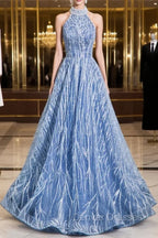 Elegant Tulle Sequins Floor Length Prom Dress, Blue Halter A-Line Evening Dress