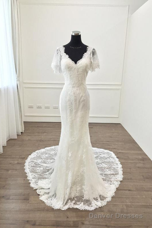 Elegant V Neck 1/4 Sleeves Sheath/Column Bridal Wedding Dresses With Lace Main image