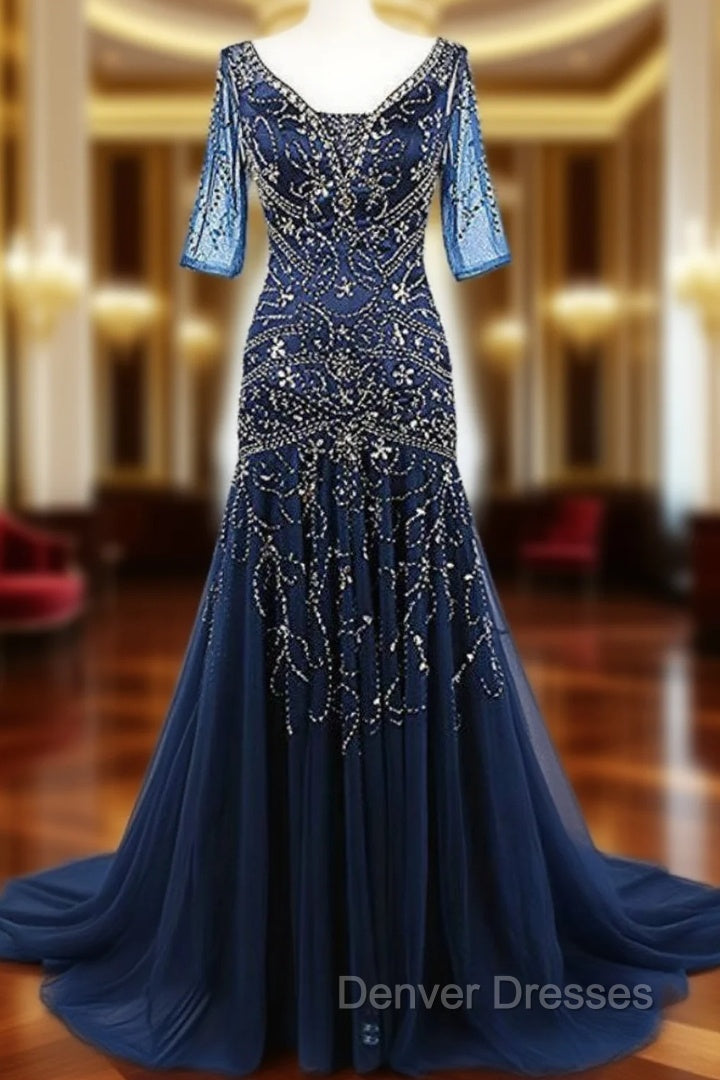 Elegant V-neck Beadings 1/2 Sleeves Mother Of The Bride Dress