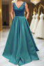 Elegant V Neck Green Lace Long Prom Dress, Green Lace Formal Graduation Evening Dress